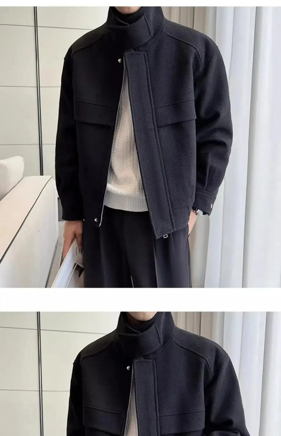 Autumn and Winter Short Woolen Jackets for Men High-end Green Stand-up Collar Korean Trendy Zipper Casual Men's Jacket