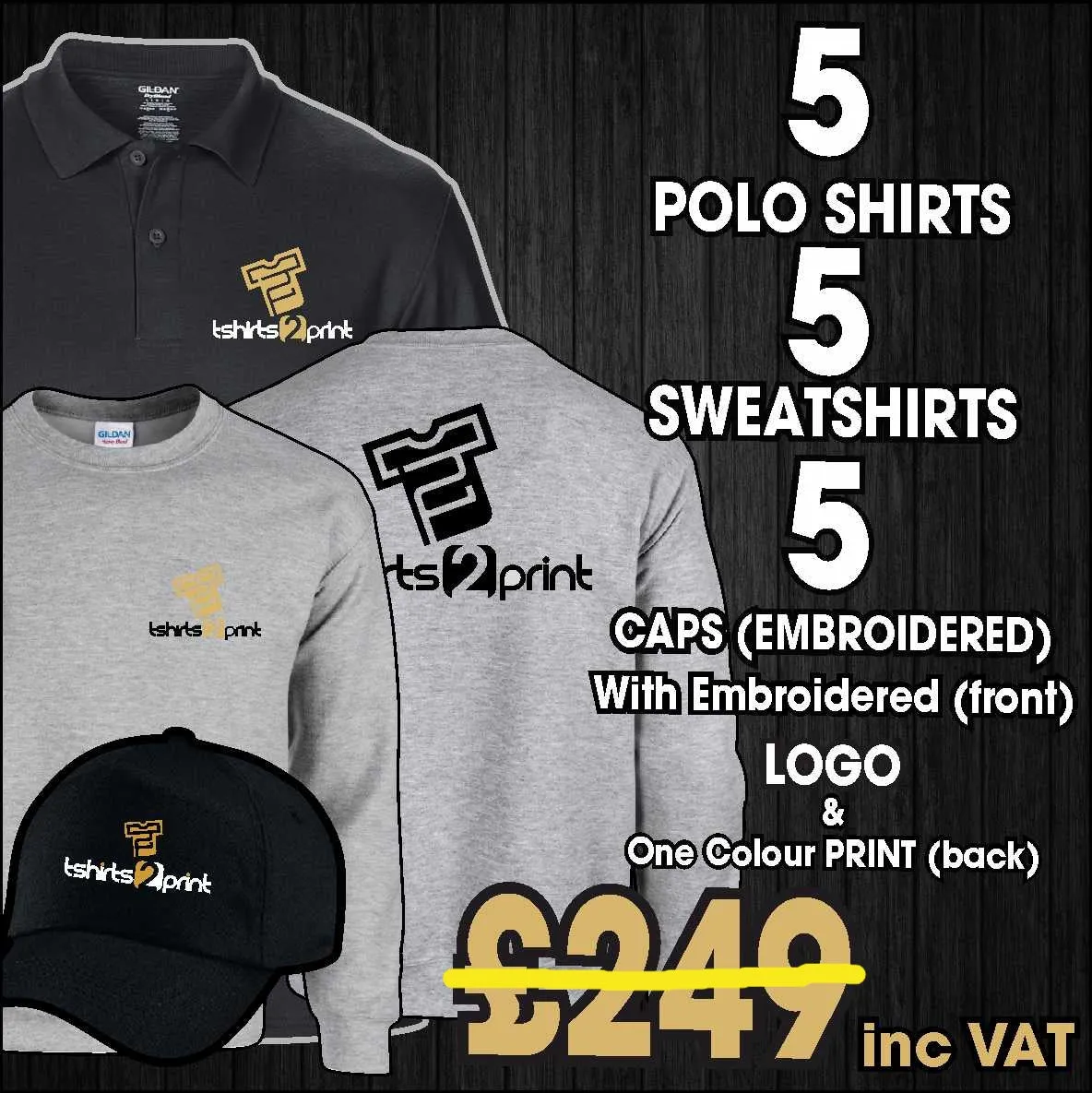 FASTFOOD/TAKEAWAY DEAL - 5 POLOS, 5 SWEATSHIRTS, & 5 CAPS WITH EMBROIDERED LOGO