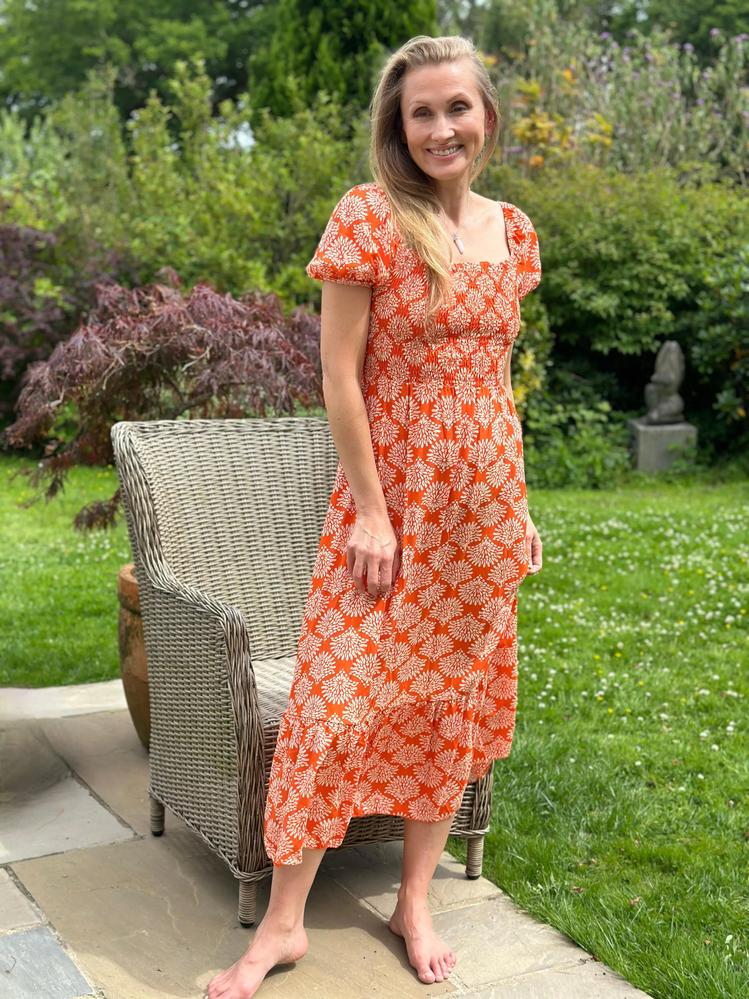 Long Ruched Bodice Print Dress - Orange