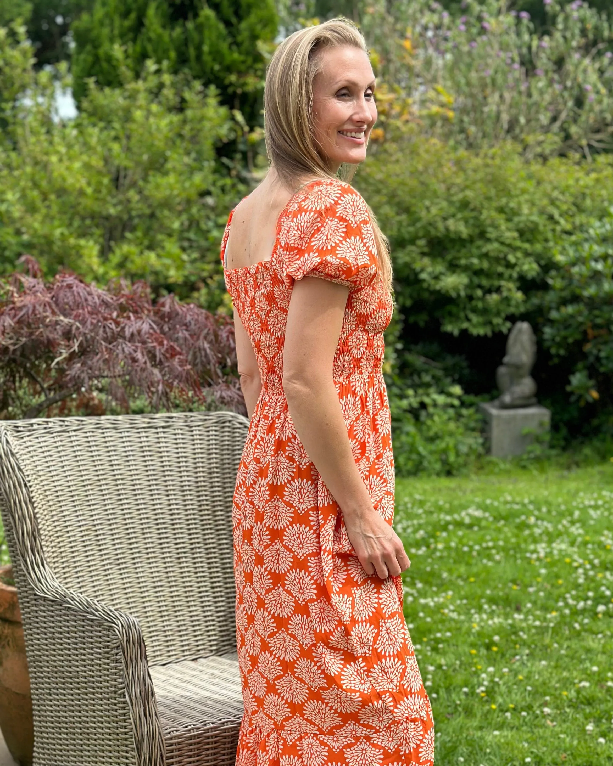 Long Ruched Bodice Print Dress - Orange