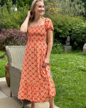 Long Ruched Bodice Print Dress - Orange