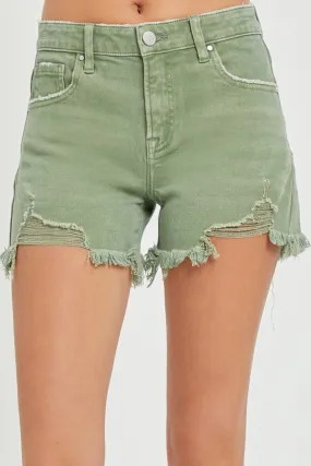 Mid Waist Frayed Hem Denim Shorts