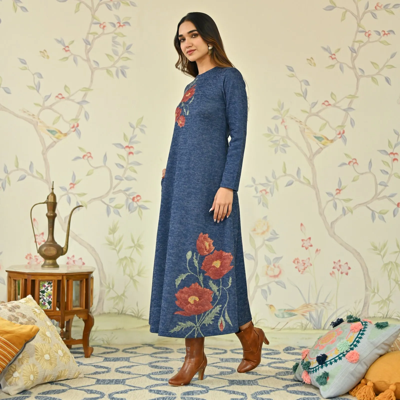 Navy Blue Floral A-line Woollen Dress