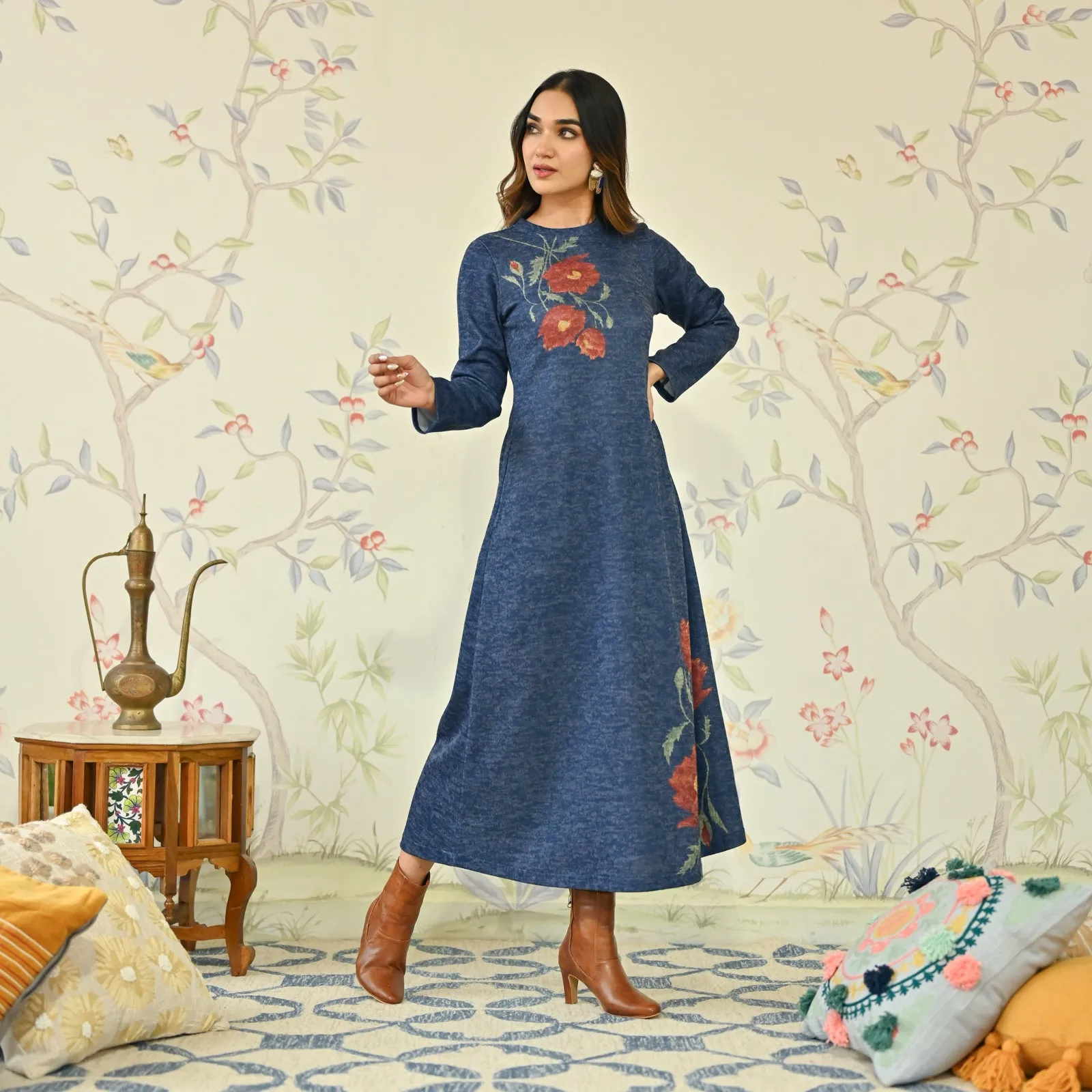 Navy Blue Floral A-line Woollen Dress