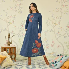 Navy Blue Floral A-line Woollen Dress