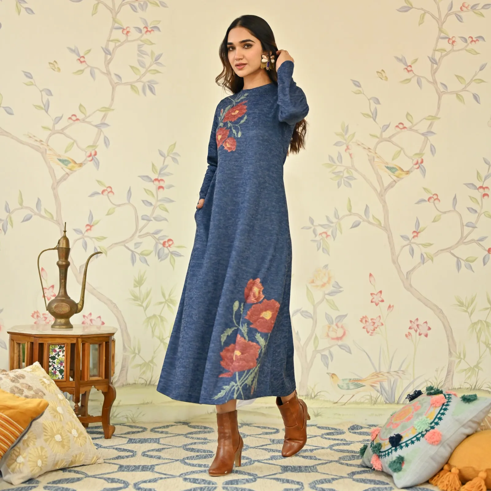 Navy Blue Floral A-line Woollen Dress