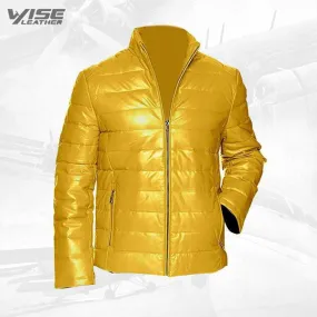 Yellow Men’s Leather Packable Down Filled Puffer Jacket