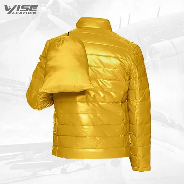 Yellow Men’s Leather Packable Down Filled Puffer Jacket